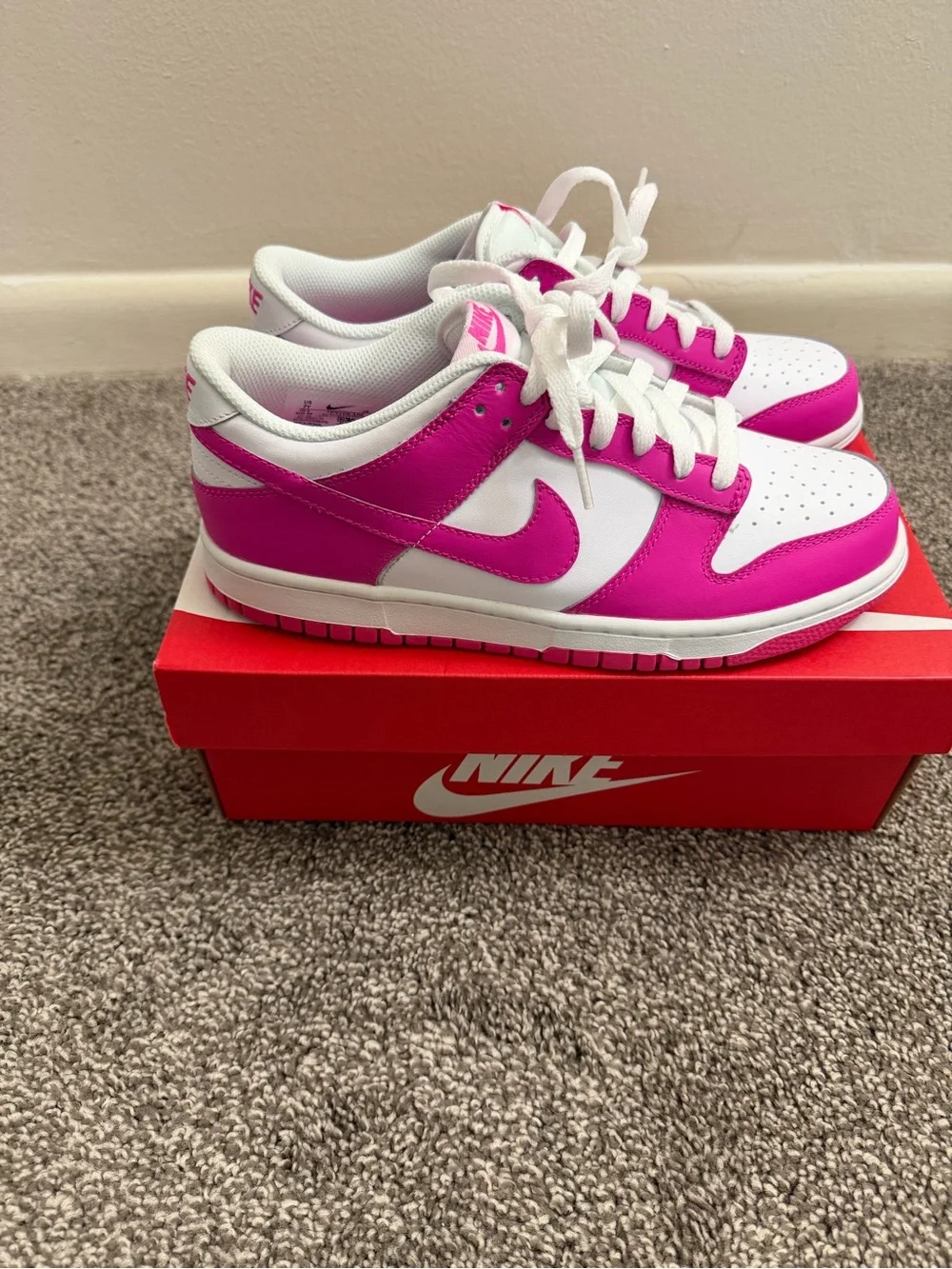 Nike Big Kids Dunk Low — White & Hot Pink GS 7Y